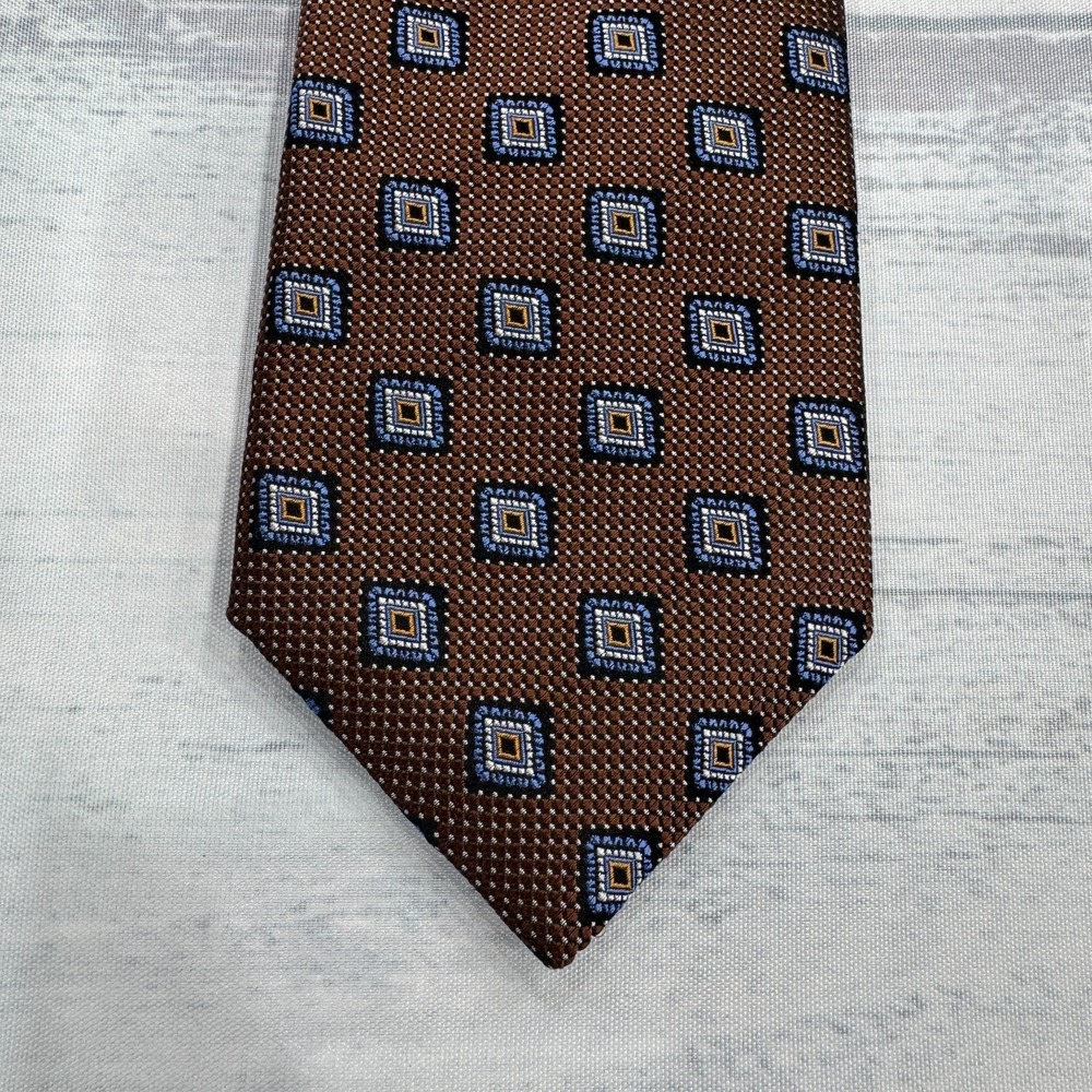 JZ Richards Neck Tie Extra Long Silk‎ Brown Squares Made in USA Mens